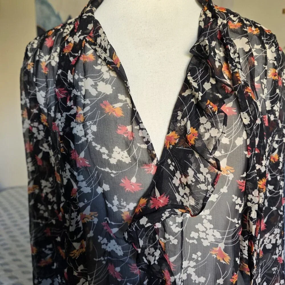 Joie Black Pink Silk Sheer Floral Ruffle Tie Neck Blouse Size M Boho Romantic - Picture 7 of 14